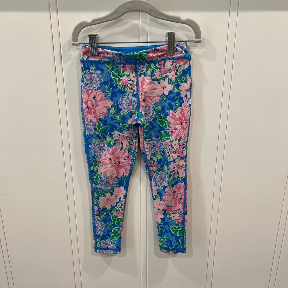 Lilly Pulitzer Girls Blue Leggings with Pink Floral Print